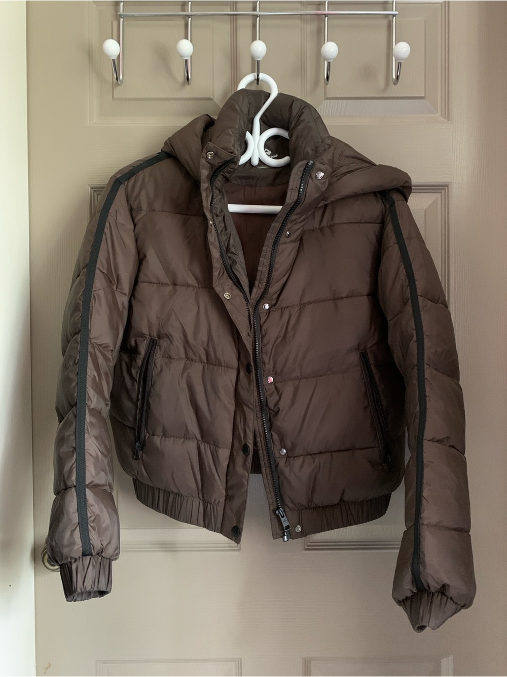 Pioneer Camp Cropped Puffer Jacket XS Mocha Brown Hooded Bomber Gorpcore Hiking